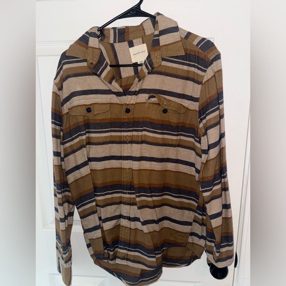 American Eagle Outfitters Tan and Blue Plaid Shirt